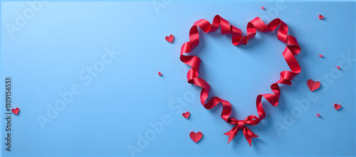 Red ribbon heart on blue background with scattered small hearts