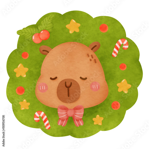 Cute cartoon watercolor Capybara Christmas character decoration new year party greeting card