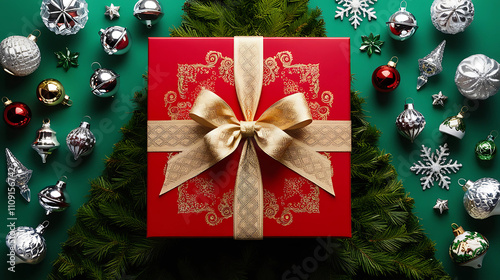 Intricate Holiday Gift Box Surrounded by Festive Decorations