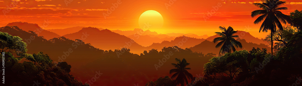Fototapeta premium Jungle Safari Sunset: Jungle safari sunset colors like safari orange, jungle green, and sunset red create a jungle safari sunset theme