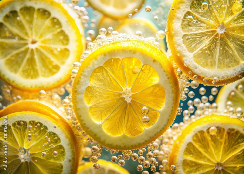 Aerial View of Fresh Lemon Slices Floating in a Sparkling Beverage, Bubbles Rising, Perfect for Refreshing Summer Drinks and Citrus Desserts Aerial View of Fresh Lemon Slices Floating in a Sparkling Beverage, Bubbles Rising, Perfect for Refreshing Summer Drinks and Citrus Desserts
