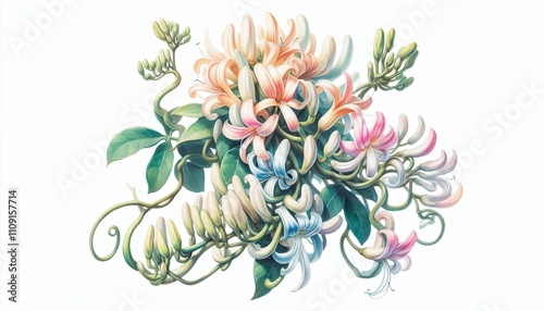 Jade Vine, Strongylodon macrobotrys flowers in watercolor illustration with loose and fluid forms, photo