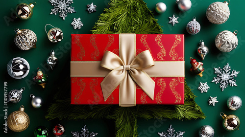 Top View of Red and Gold Gift Box with Ornaments on Green
