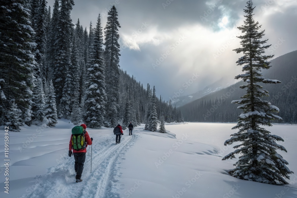 Winter Wonderland: Snowy Trail in a Forest with People Wallking Winter Wonderland: Snowy Trail in a Forest with People Wallking