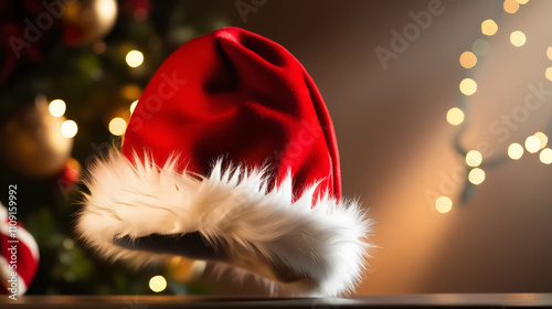 Festive Santa Hat in a Warm, Golden Holiday Scene