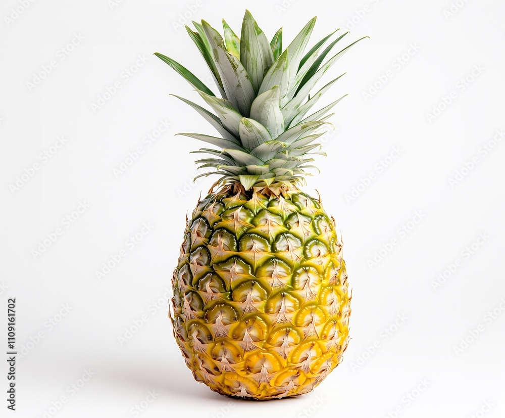 Fototapeta premium A ripe pineapple with a spiky crown, showcasing its vibrant yellow and green colors against a plain background.