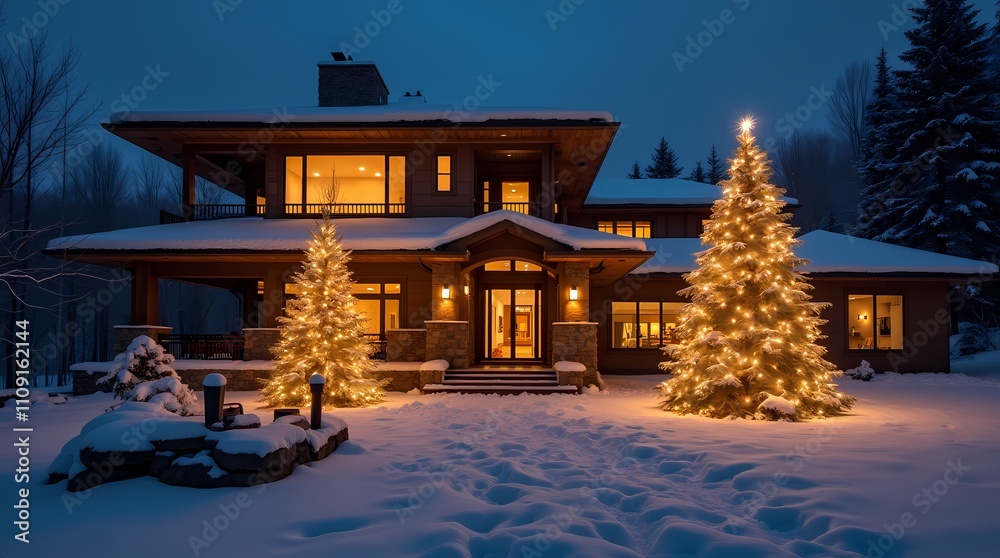 Fototapeta premium Modern house with two lit Christmas trees