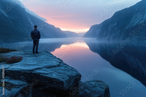 A person standing on a rocky outcropping overlooking a calm body of water photo