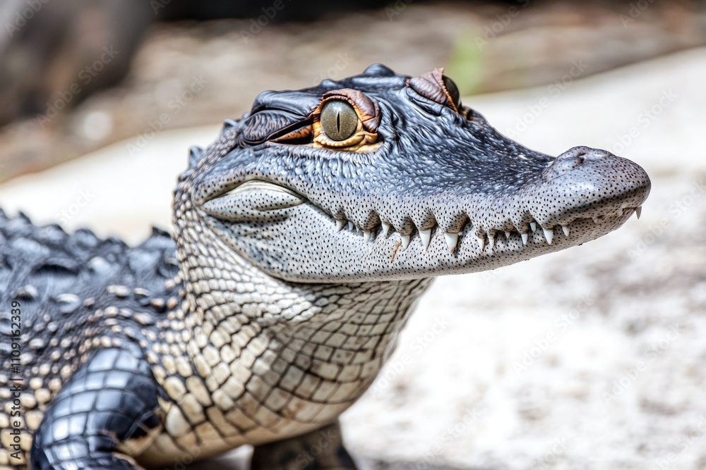 Fototapeta premium A small alligator sitting on a rock, its scaly skin and sharp teeth visible