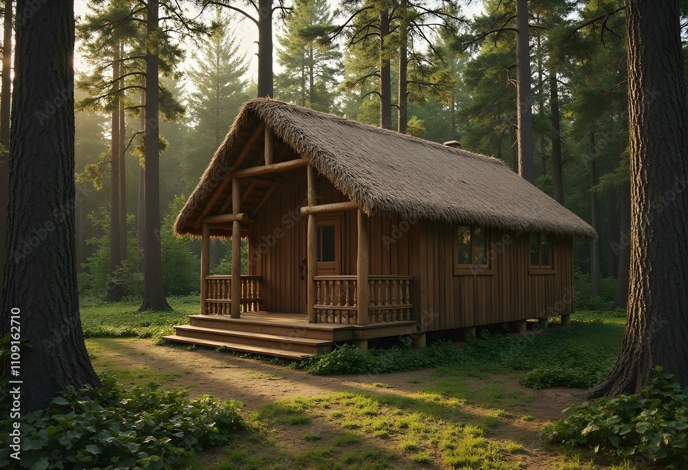 Fototapeta premium The wooden cottage is nestled amidst trees in a peaceful forest, offering a tranquil and scenic setting. Its presence exudes a serene aura, blending seamlessly with the natural surroundings