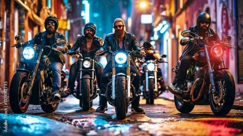 A group of bikers posing on motorcycles in a vibrant urban alley at night.