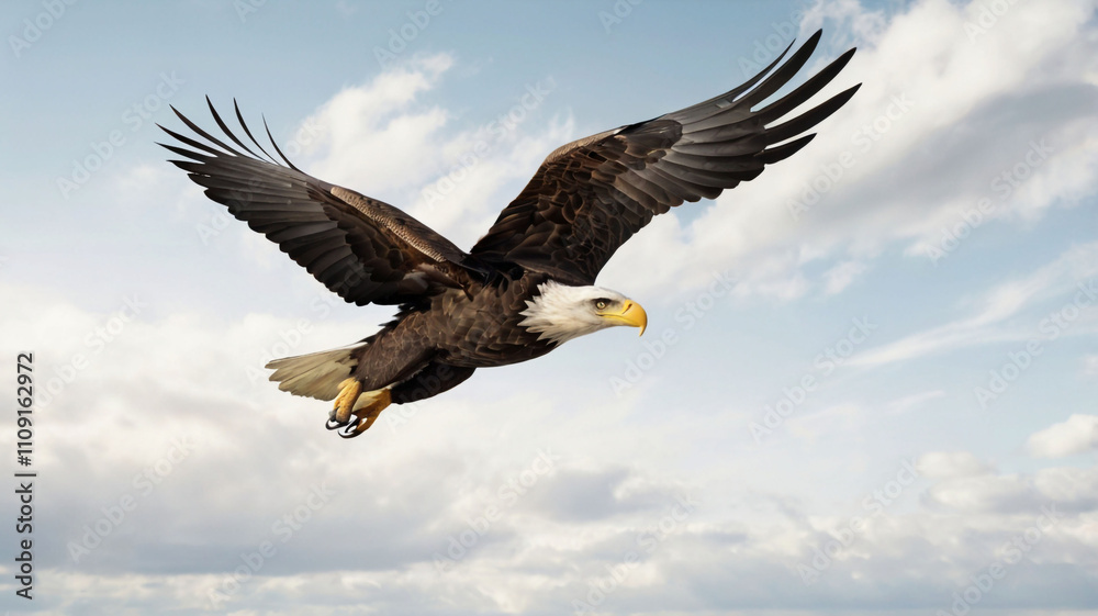 Obraz premium A spread-wing bald eagle soars in the sky. Isolated on white background. AI GENERATED