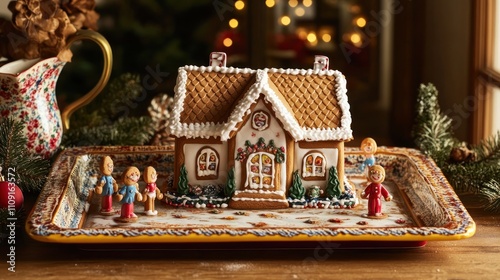 Sweet gingerbread house with vibrant icing and whimsical gingerbread people, displayed on a decorated tray