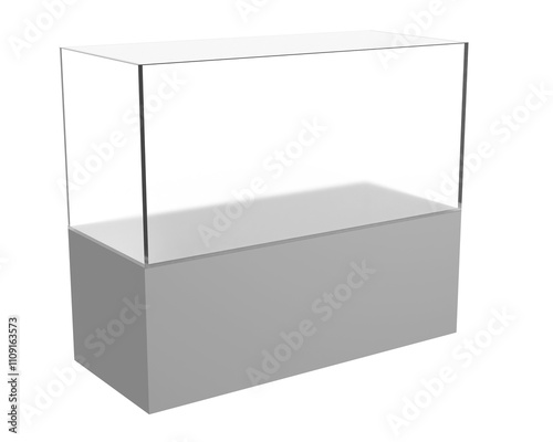 Fotografi Empty minimalist display case with clear glass top and grey base for art expensi