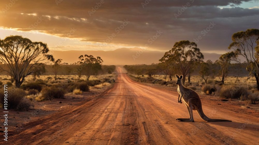 Fototapeta premium A kangaroo stands still in the middle of a dusty road in the Australian outback, with the golden hour lighting creating a peaceful and iconic representation of Australian wildlife.