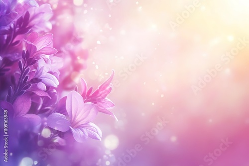 A flowery background with a pink flower in the foreground