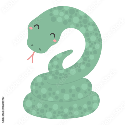 2025 Chinese zodiac sign, cute snake flat character illustration. Hand drawn cartoon vector illustration, isolated on white. Lunar New Year kawaii holiday card, banner design element