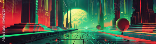 Retro Futurism: Retro-futuristic colors like space age silver, retro red, and neon green create a retro-futurism theme photo