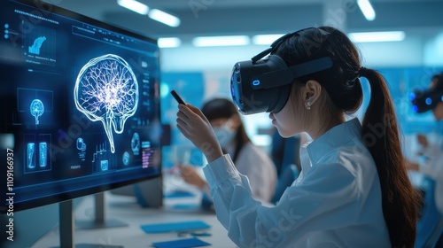 A futuristic classroom setup where students are learning about AGI using branded VR headsets and crafts like physical neuron replicas
