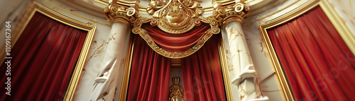 Gilded Age: Gilded age colors like gold rush gold, velvet curtain red, and marble statue white create a gilded age theme photo