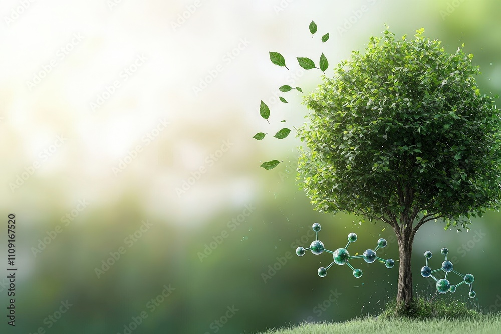 Green Tree and Molecular Structure Representing Nature and Environmental Science Green Tree and Molecular Structure Representing Nature and Environmental Science