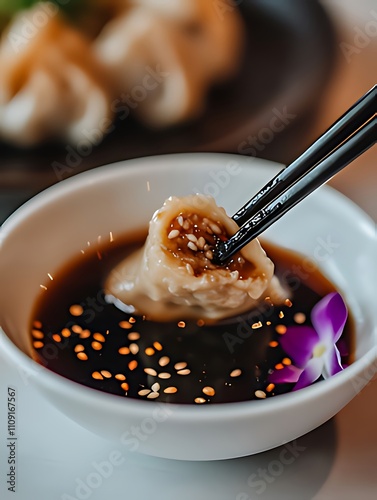 A Chinese dumpling being dipped into a small white bowl of dark soybased dipping sauce photo