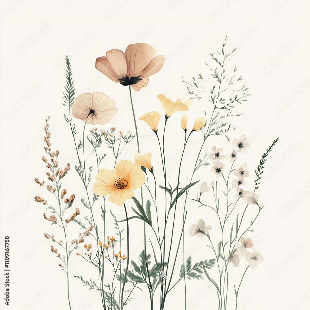 Naklejka premium Pastel Floral Bouquet Watercolor Wildflowers Botanical Illustration