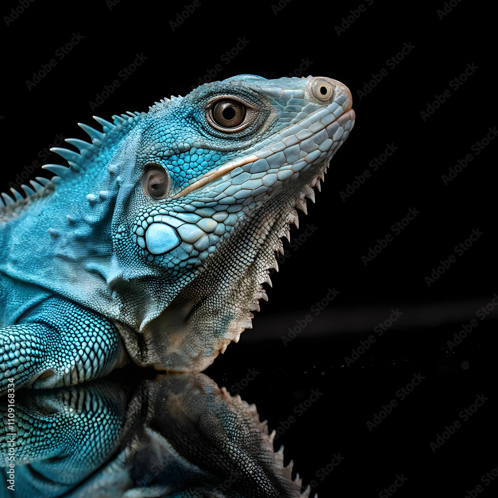 Fototapeta premium blue iguana closeup on reflection with black back