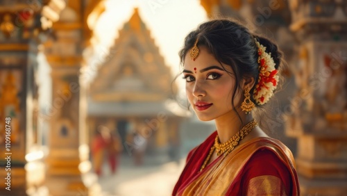 Elegant Indian woman wearing traditional jewelry and sari, portraying timeless beauty, cultural pride, and the richness of Indian heritage. photo