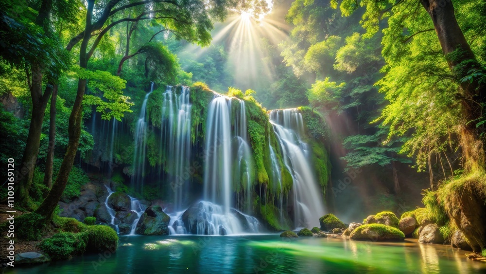 A cascading waterfall plunges into a tranquil pool, surrounded by lush greenery and bathed in the warm glow of the sun's rays. A cascading waterfall plunges into a tranquil pool, surrounded by lush greenery and bathed in the warm glow of the sun's rays.