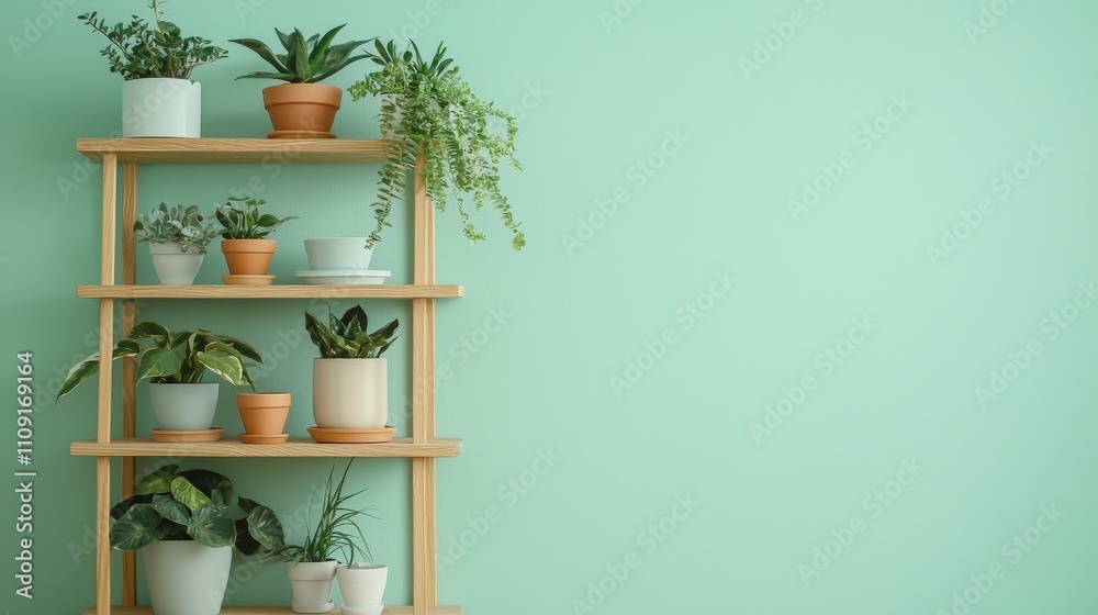 Modern Indoor Plant Shelf with Various Greenery in Light Mint Background Modern Indoor Plant Shelf with Various Greenery in Light Mint Background