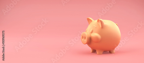 A soft peach piggy bank on a pastel pink background, with a simple and rounded design. photo