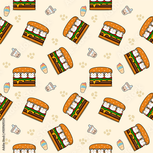 Hamburger cat cartoon so cute. On ice cream bubble tea footprints background. Pattern seamless vector illustration. 