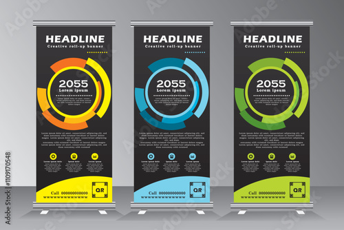 Business roll up banner vertical template design, roll up banner design with yellow, blue and green color, vertical banner template, vector eps 10