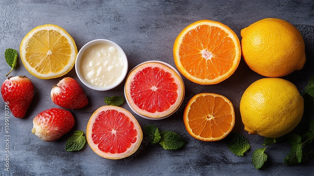 Fresh citrus fruits, strawberries, mint, and cream in bowls arranged on a dark surface. Fresh citrus fruits, strawberries, mint, and cream in bowls arranged on a dark surface.