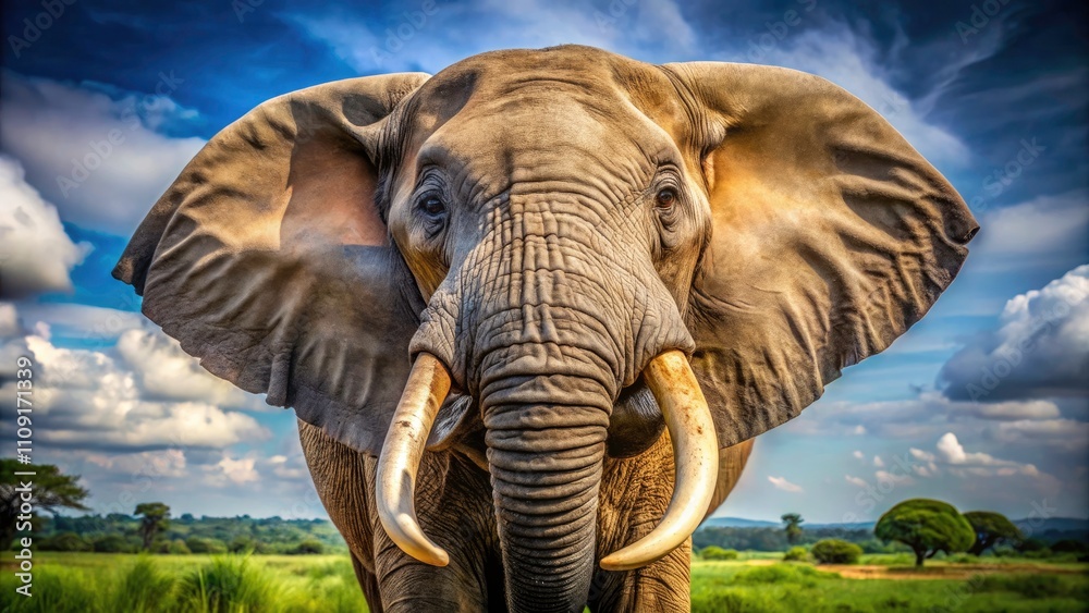 Fototapeta premium Yawning Elephant: Rule of Thirds Wildlife Photography, Large African Elephant, Open Mouth, Trunk, Close Up, Nature, Animal Portrait