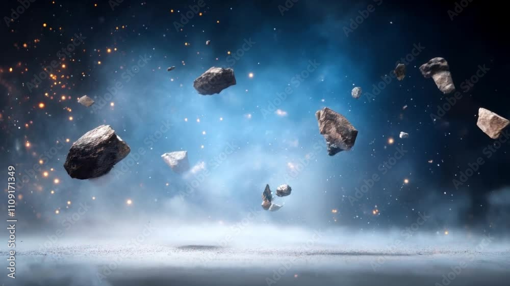 Flying and spin asteroids with dust explosion in slow motion Flying and spin asteroids with dust explosion in slow motion