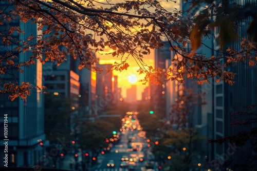 Stunning Urban Sunset with Autumn Leaves