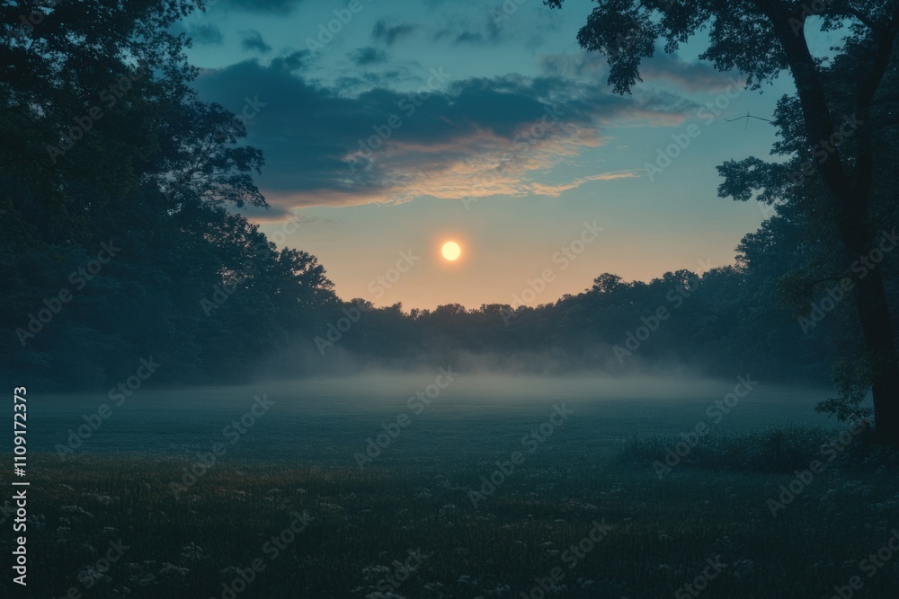 Fototapeta premium Serene Sunrise Over Misty Meadow