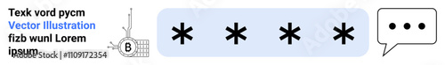 Lock symbol, five asterisks, satellite, speech bubble, and unreadable text. Ideal for cybersecurity, data protection, secure communication, digital privacy, encryption, tech blogs and IT