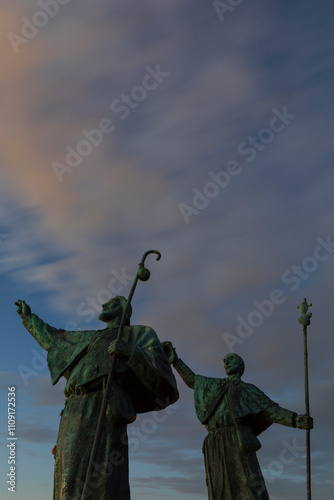 Sculptures of the Monumento ao Camiñante", monument to the walk on Monte do Gozo, Santiago de Compostela. Camino de Santiago, pilgrims