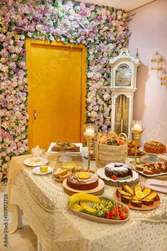 Pastry shop, table with homemade sweets, cake and fruits. Decoration with artificial flowers and roses