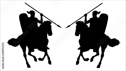 Silhouette vector drawing with mounted Celtic warrior.