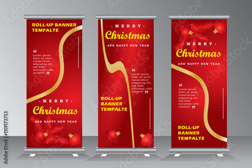 Christmas and New Year vertical banner design. creative roll up for invitation, advertisement, modern gold line style holidays design roll up banner concept with red and gold colour, Vector