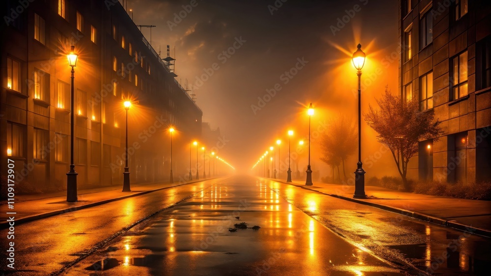 Fototapeta premium A Foggy Street Illuminated by Streetlights, Reflecting a Warm Golden Glow on the Wet Pavement