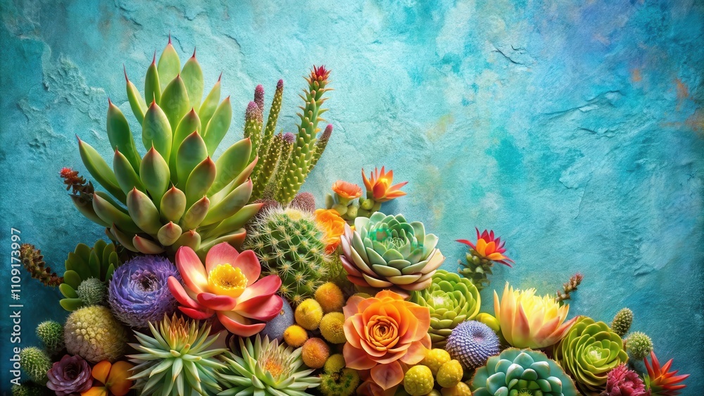 A vibrant arrangement of succulents, cacti, and flowers against a blue background, showcasing a diverse collection of textures, colors, and shapes. A vibrant arrangement of succulents, cacti, and flowers against a blue background, showcasing a diverse collection of textures, colors, and shapes.