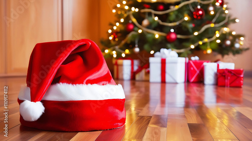Festive Santa Hat in a Warm, Golden Holiday Scene