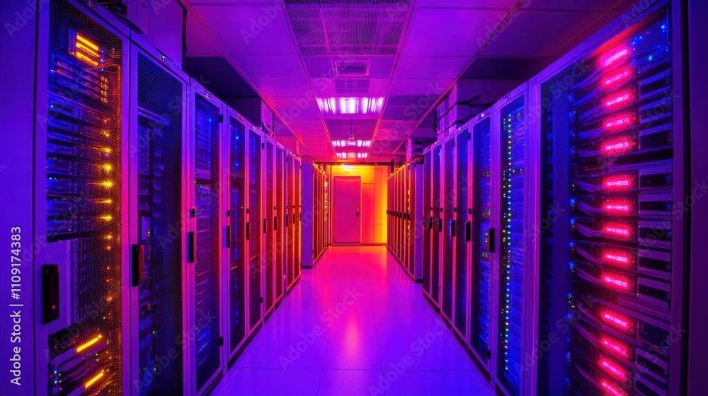 Fototapeta premium Illuminated server racks in a futuristic data center, symbolizing the transformation of internet infrastructure through advanced technology