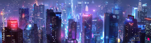 Futuristic Cityscape: Neon city colors like futuristic blue, cyberpunk purple, and neon skyline yellow create a futuristic cityscape theme. This scheme is often used in futuristic cityscape photo