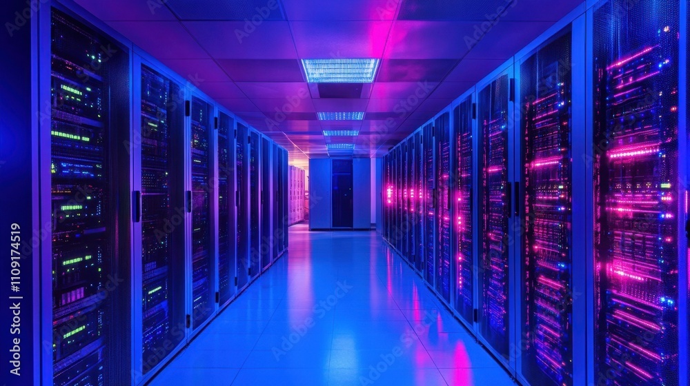 Fototapeta premium Illuminated server racks in a futuristic data center, symbolizing the transformation of internet infrastructure through advanced technology